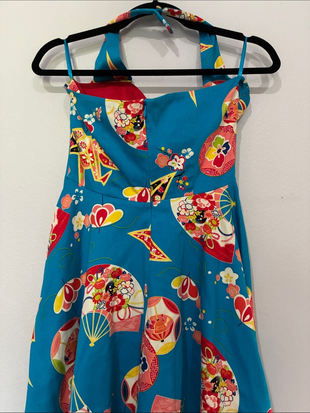 Trashy Diva Teal Floral Fit-and-Flare Geisha Fan Asian Dress with Red Bust - Picture 8 of 12